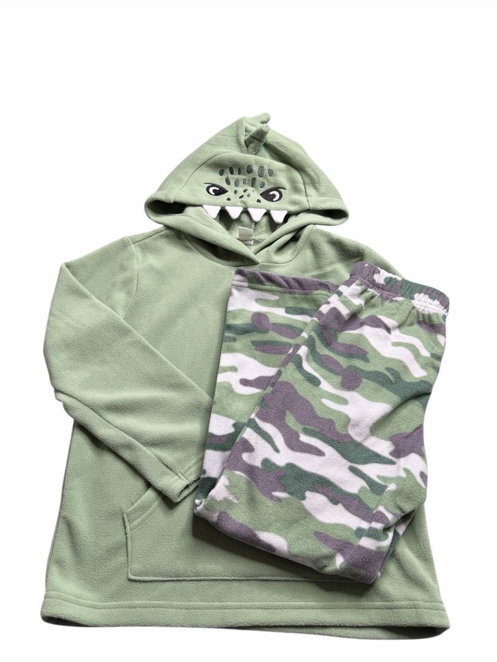 Petit Lem Pajama Set Boys Green Dinosaur Hooded Fleece Camo Pants Size 7